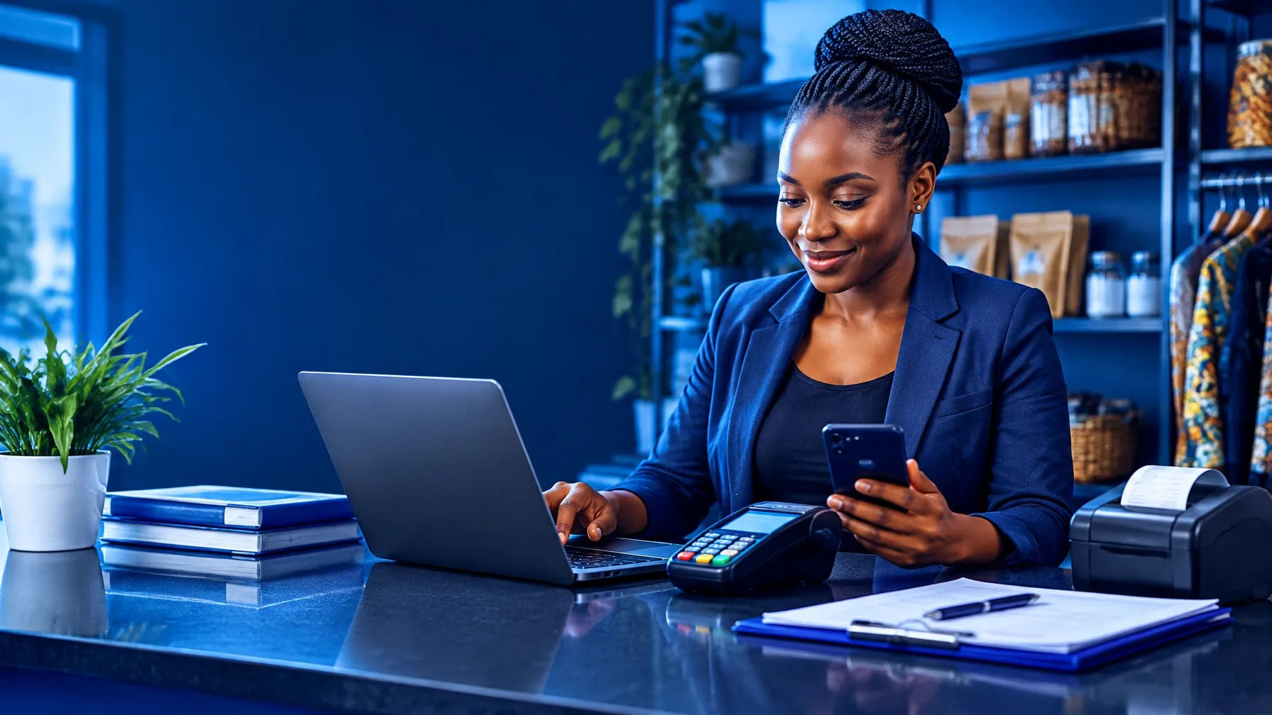 Kenyan business owner using a laptop, smartphone and point-of-sale device for electronic invoicing