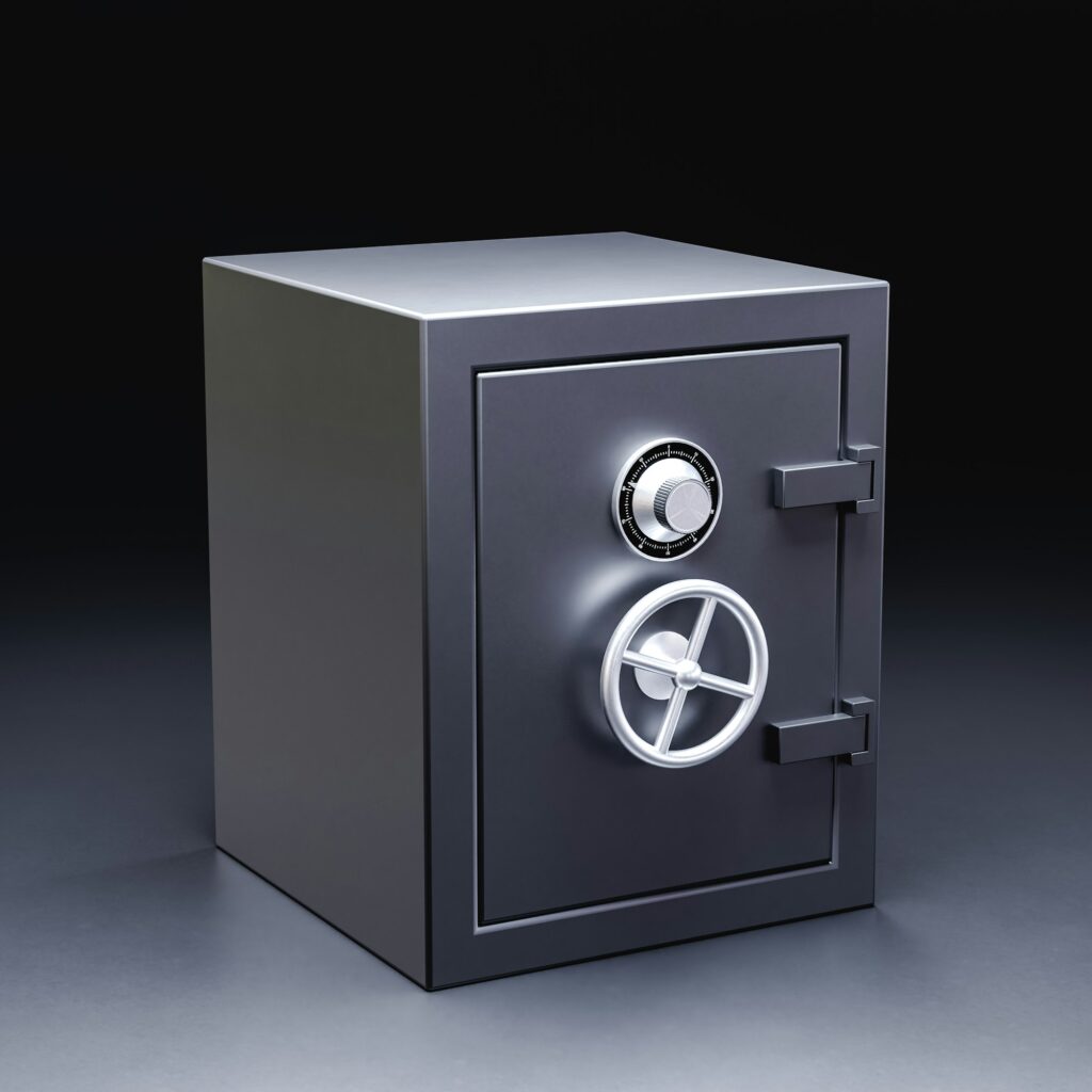 metallic safe deposit box on dark background